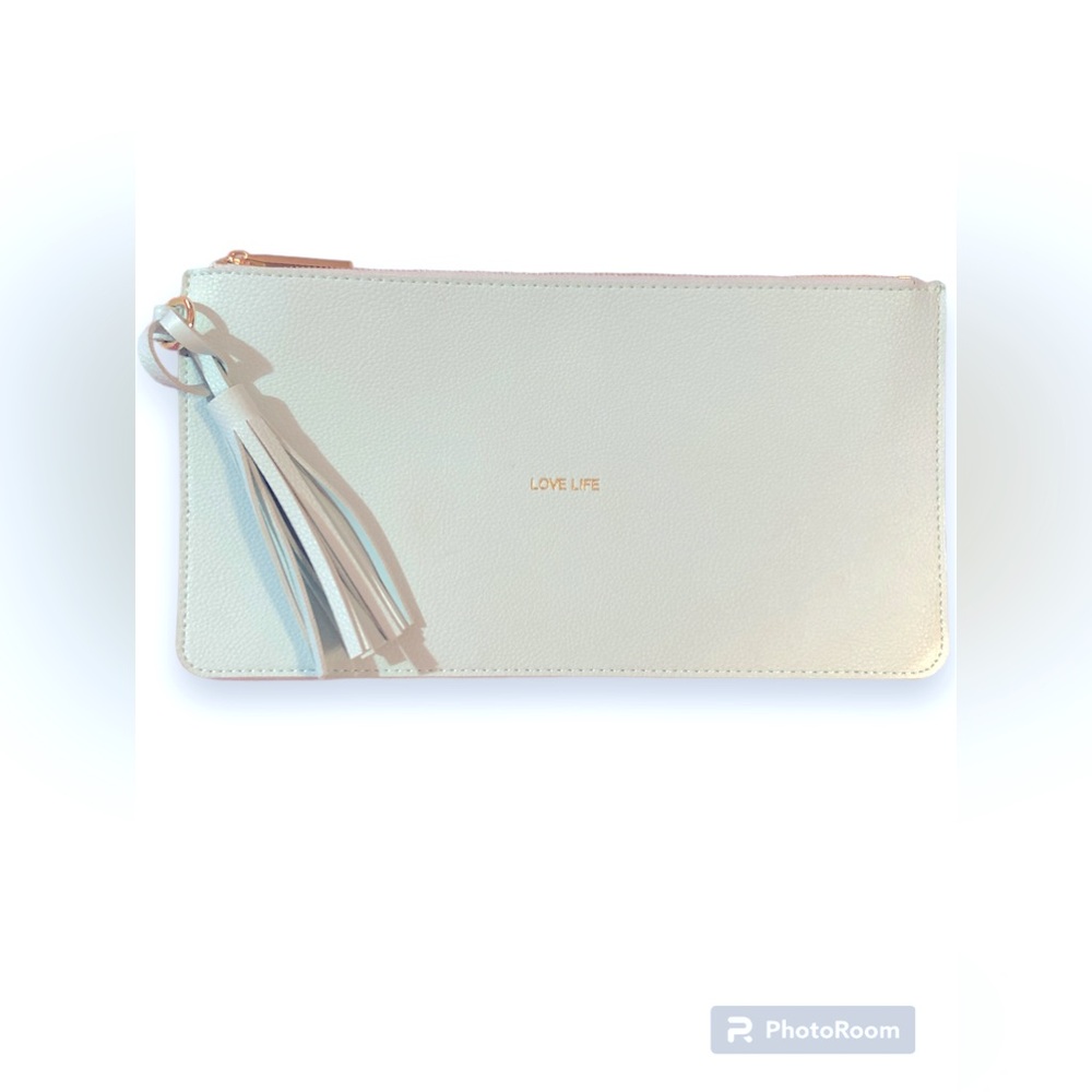 NWOT KATIE LOXTON Clutch LOVE LIFE Light Blue Gold Plated Zipper Tassel